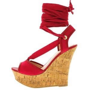Shoes - Pamela Red Cork Platform Lace Up Wedge Shoes - Pamela Red Cork Platform Lace Up Wedge